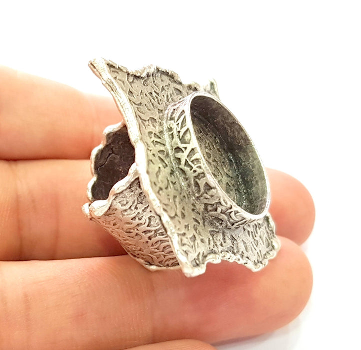 Silver Ring Blank Base Bezel Settings Cabochon Base Mountings Adjustable (20mm Blank) , Antique Silver Plated Brass G8679
