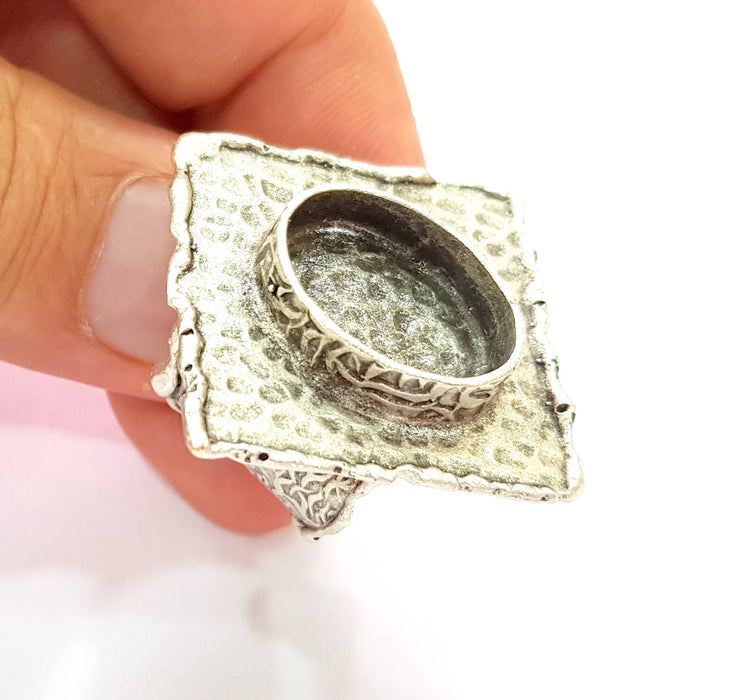 Silver Ring Blank Base Bezel Settings Cabochon Base Mountings Adjustable (18x13mm Blank) , Antique Silver Plated Brass G8370