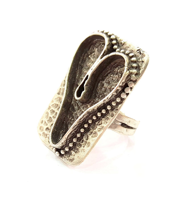 Silver Ring Blank Base Bezel Settings Cabochon Base Mountings Adjustable , Antique Silver Plated Brass G8672