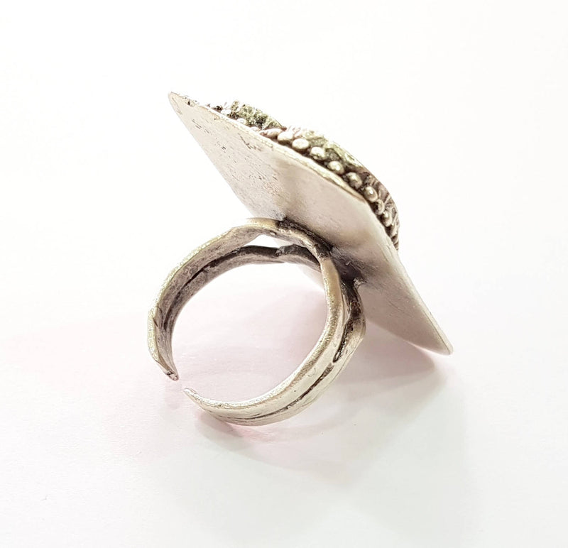 Silver Ring Blank Base Bezel Settings Cabochon Base Mountings Adjustable , Antique Silver Plated Brass G8672