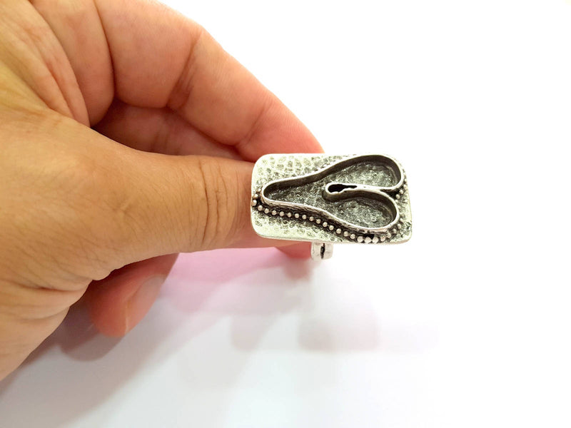 Silver Ring Blank Base Bezel Settings Cabochon Base Mountings Adjustable , Antique Silver Plated Brass G8672