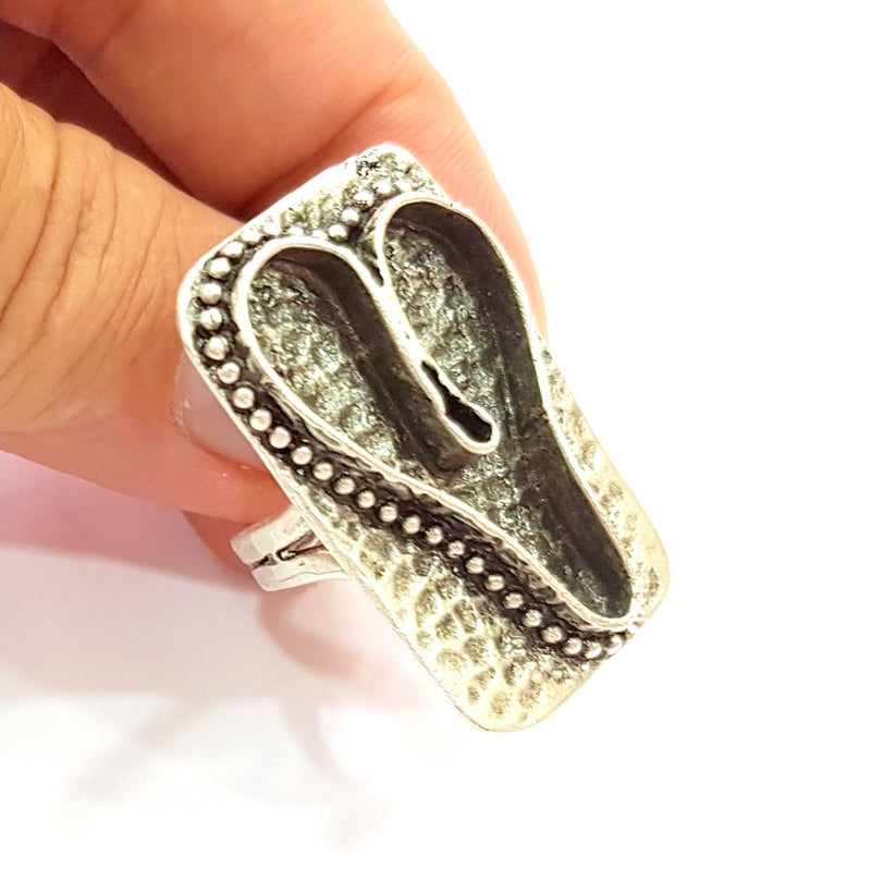 Silver Ring Blank Base Bezel Settings Cabochon Base Mountings Adjustable , Antique Silver Plated Brass G8672