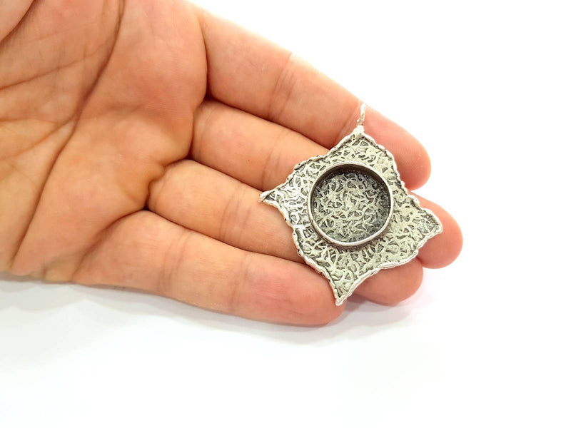 Silver Pendant Blank Bezel Base Setting Necklace Blank Resin Blank Mountings Antique Silver Plated Brass ( 37x33mm )  G8684