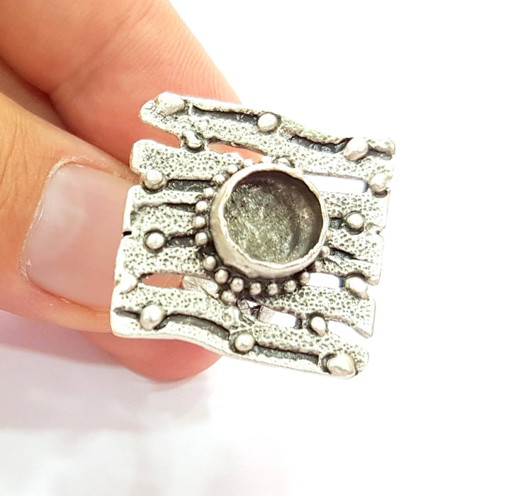 Silver Ring Blank Base Bezel Settings Cabochon Base Mountings Adjustable (10mm Blank) , Antique Silver Plated Brass G8384