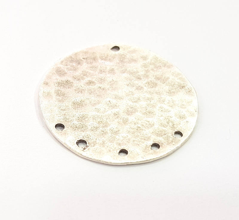 Silver Plated Connector Antique Silver Plated Brass Hammered Charms (30mm)  G8902