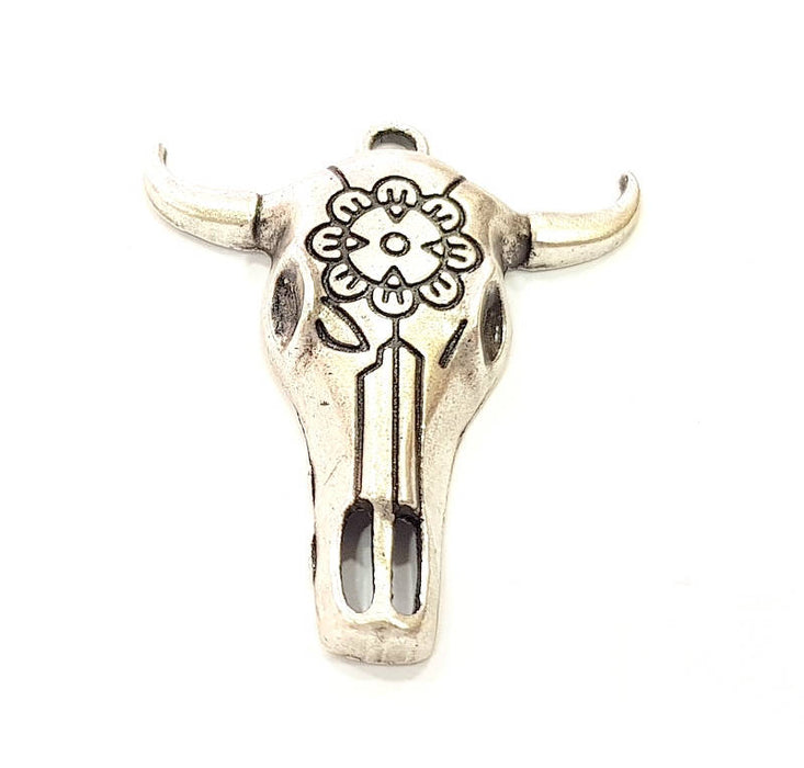 2 Ox Head Skull Pendant Silver Pendant Antique Silver Plated Pendant (42x35mm) G8918