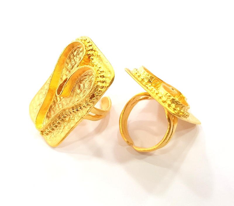 Gold Ring Blank inlay Ring Settings Mosaic Ring Bezel Base Cabochon Mountings Adjustable (33x20mm blank ) Gold Plated Brass G8987