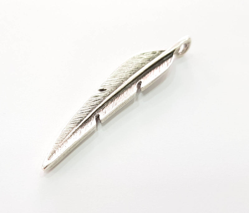 2 Silver Feather Pendant Antique Silver Plated Pendants (67x12mm)  G8424