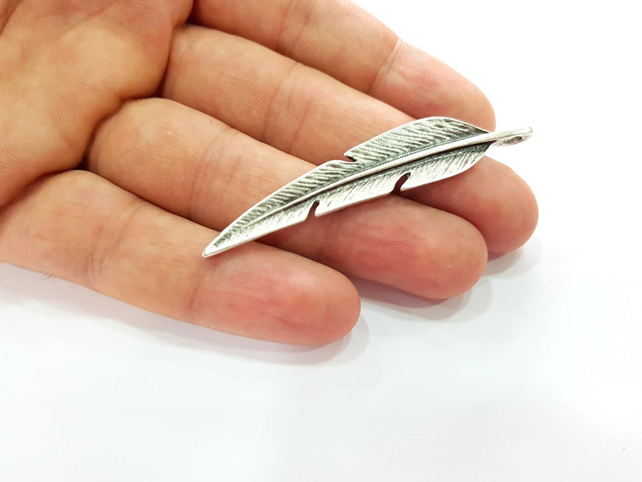 2 Silver Feather Pendant Antique Silver Plated Pendants (67x12mm)  G8424