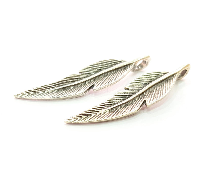 4 Silver Feather Pendant Antique Silver Plated Pendants (44x10mm)  G8426