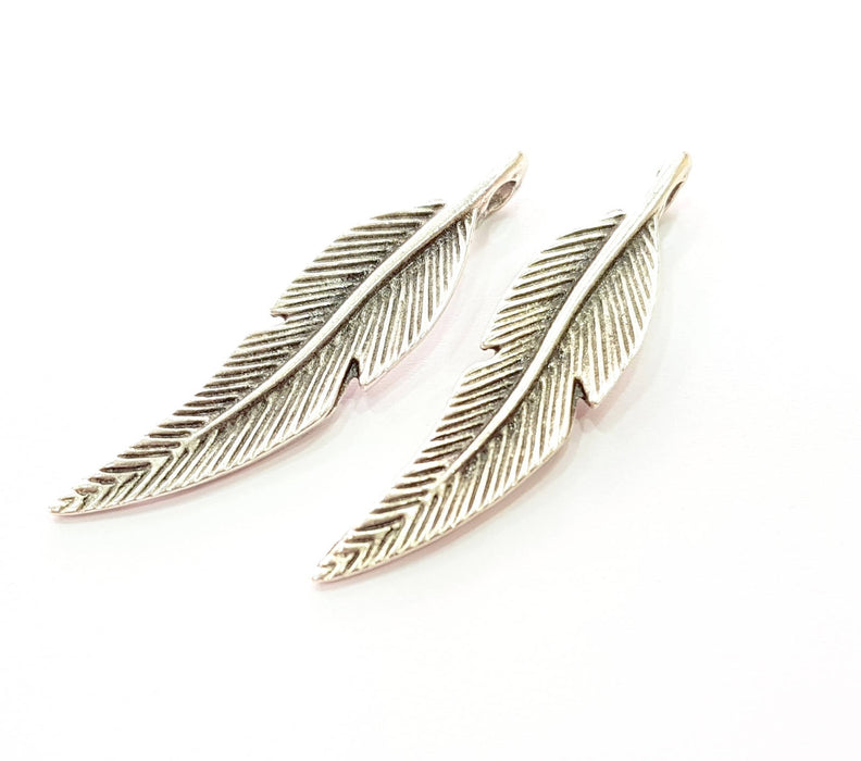 4 Silver Feather Pendant Antique Silver Plated Pendants (44x10mm)  G8426