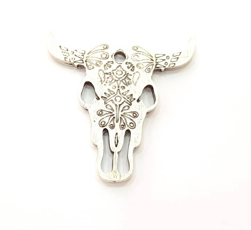 Ox Head Skull Pendant Silver Pendant Antique Silver Plated Pendant (47x47mm) G8413