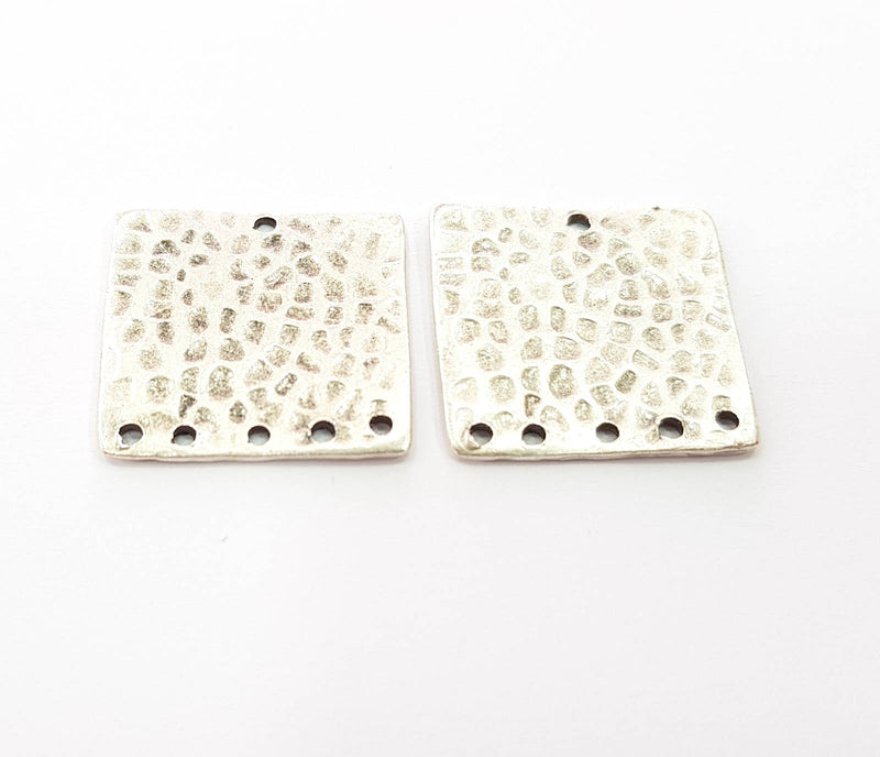 2 Silver Plated Square Connector Antique Silver Plated Brass Hammered Charms (21mm)  G8463