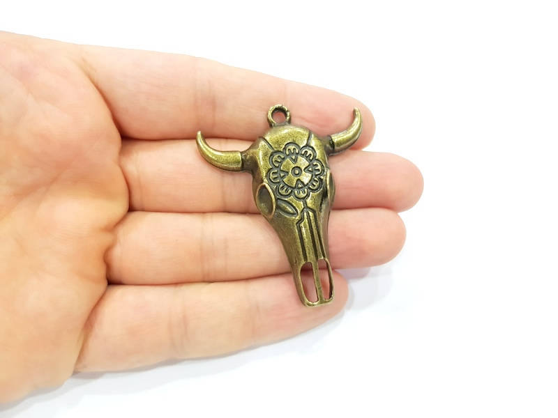 2 Ox Head Skull Pendant Antique Bronze Plated Pendant (52x44mm) G9021