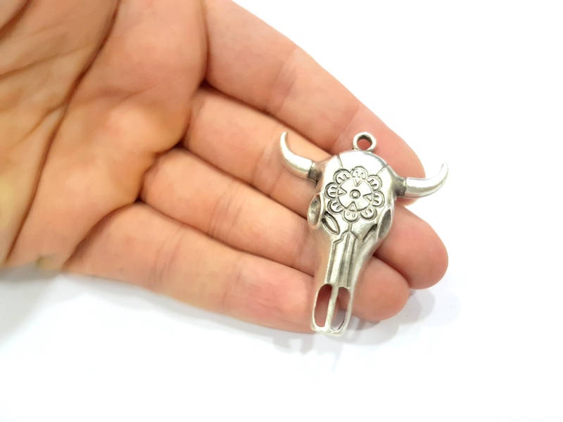 Ox Head Skull Pendant Silver Pendant Antique Silver Plated Pendant (52x44mm) G9022