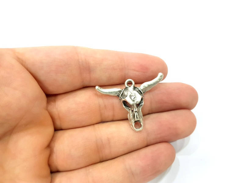 4 Silver Ox Head Skull Pendant Antique Silver Plated Pendant (36x26mm) G9023