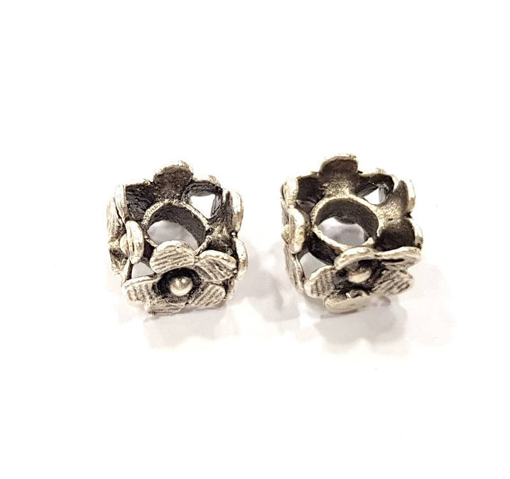 2 Silver Rondelle Beads Antique Silver Plated Brass Flower  Rondelle Beads 12mm  G9030