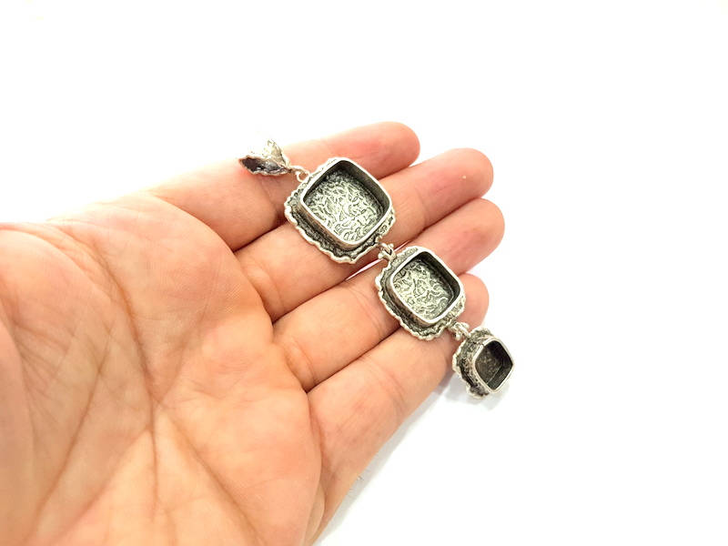 Silver Pendant Blank Mosaic Base Blank inlay Blank Necklace Blank Resin Blank Mountings Antique Silver Plated Brass (89x26mm )  G9051