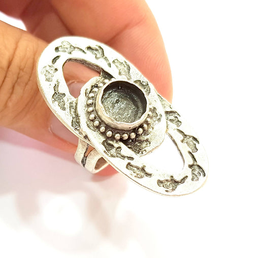 Silver Ring Blank Base Bezel Settings Cabochon Base Mountings Adjustable (10mm Blank) , Antique Silver Plated Brass G8475