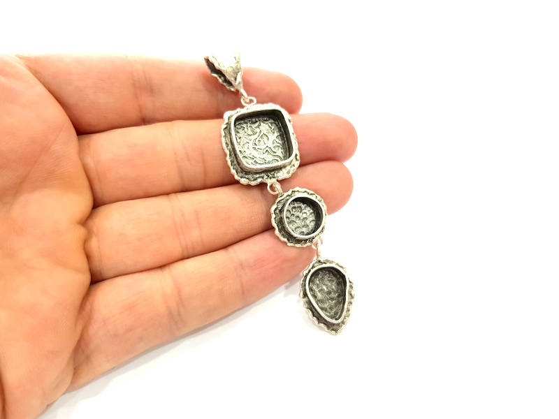Silver Pendant Blank Resin Blank Mosaic Base Blank inlay Blank Necklace Blank Mountings Antique Silver Plated Brass (86x21mm )  G9059