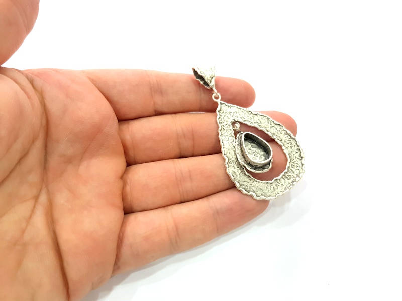 Silver Pendant Blank Resin Blank Mosaic Base Blank inlay Blank Necklace Blank Mountings Antique Silver Plated Brass (55x33mm )  G9064