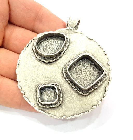 Silver Pendant Blank Resin Blank Mosaic Base Blank inlay Blank Necklace Blank Mountings Antique Silver Plated Brass (83x69mm )  G9073