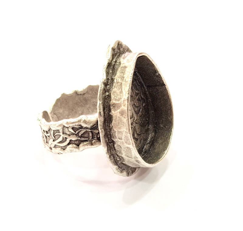 Silver Ring Setting Blank Resin Ring Cabochon Base inlay Ring Mounting Adjustable Ring Base Bezel (20x15mm)Antique Silver Plated Brass G9854
