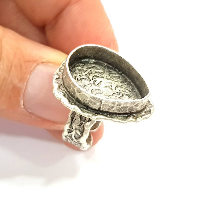 Silver Ring Setting Blank Resin Ring Cabochon Base inlay Ring Mounting Adjustable Ring Base Bezel (20x15mm)Antique Silver Plated Brass G9854