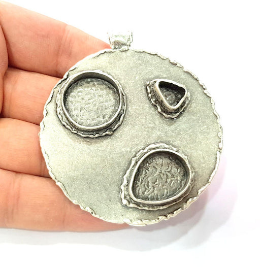 Silver Pendant Blank Resin Blank Mosaic Base Blank inlay Blank Necklace Blank Mountings Antique Silver Plated Brass (83x69mm )  G9080