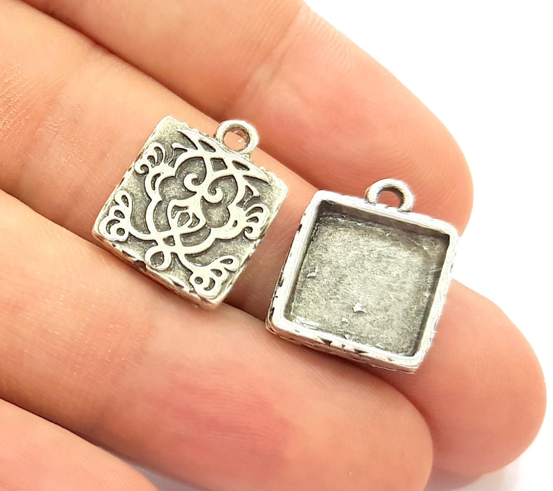 6 Silver Pendant Blank Bezel Base Setting Necklace Blank Resin Blank Mountings Antique Silver Plated  (12x12mm blank )  G8798