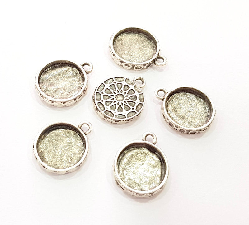 6 Silver Pendant Blank Bezel Base Setting Necklace Blank Resin Blank Mountings Antique Silver Plated  (14mm )  G8800
