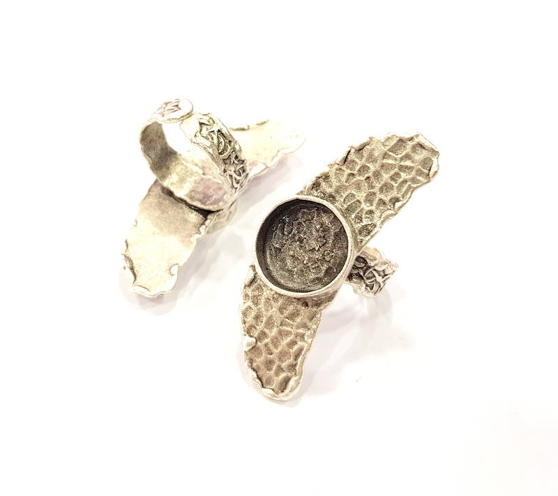Silver Ring Setting Resin Ring Blank Cabochon Base inlay Ring Mounting Adjustable Ring Base Bezel (14mm)Antique Silver Plated Brass G9640