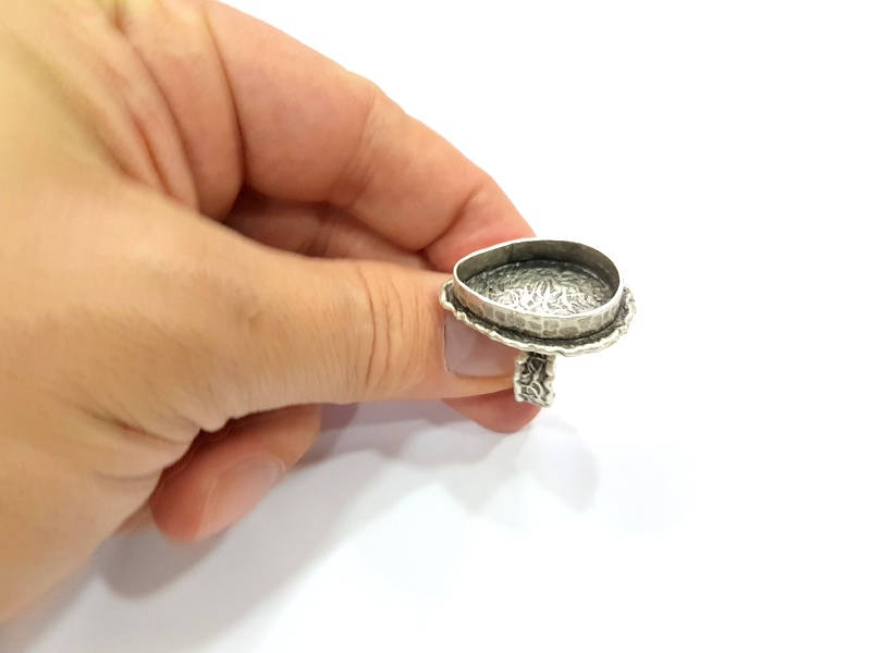Silver Ring Setting Resin Ring Blank Cabochon Base inlay Ring Mounting Adjustable Ring Base Bezel (25x18mm)Antique Silver Plated Brass G9851
