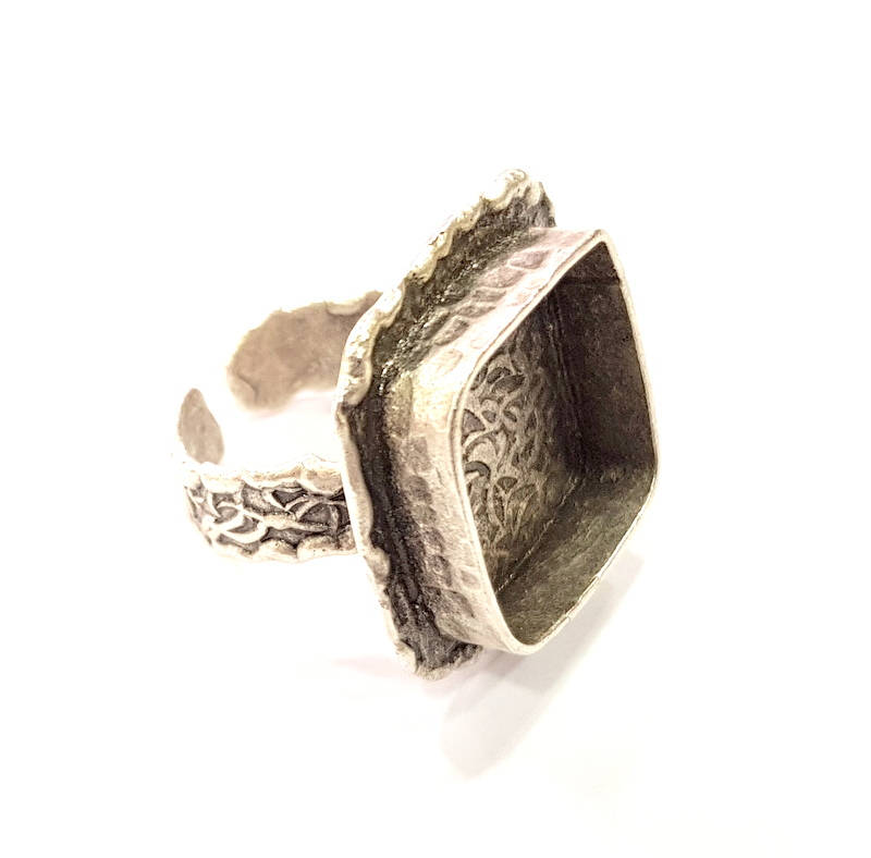 Silver Ring Setting Resin Ring Blank Cabochon Base inlay Ring Mounting Adjustable Ring Base Bezel (18x18mm)Antique Silver Plated Brass G9114