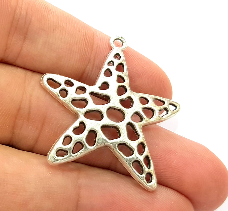 4 Star Pendant Antique Silver Plated Metal (40x36mm)  G13608