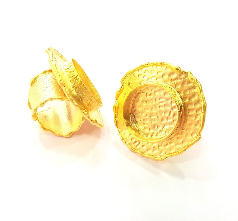 Gold Ring Blank Base Bezel Settings Cabochon Base Mountings Adjustable (20mm Blank) , Gold Plated Brass G8551