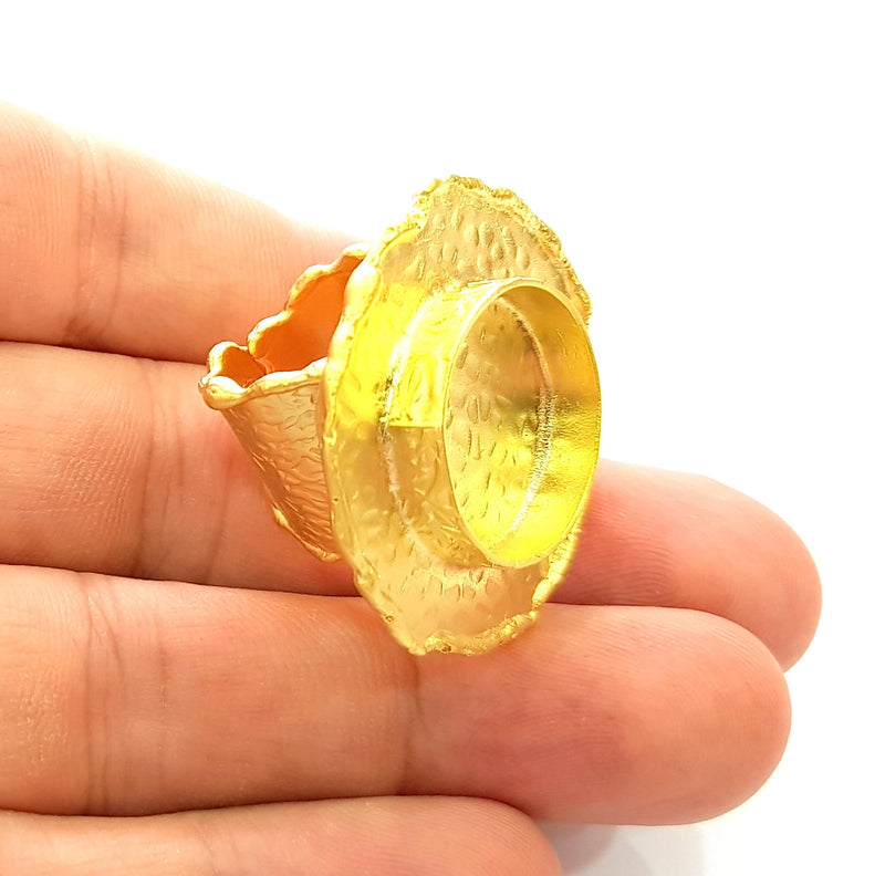 Gold Ring Blank Base Bezel Settings Cabochon Base Mountings Adjustable (20mm Blank) , Gold Plated Brass G8551