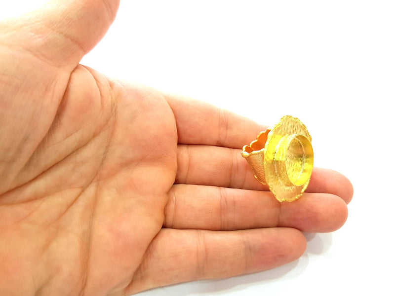 Gold Ring Blank Base Bezel Settings Cabochon Base Mountings Adjustable (20mm Blank) , Gold Plated Brass G8551