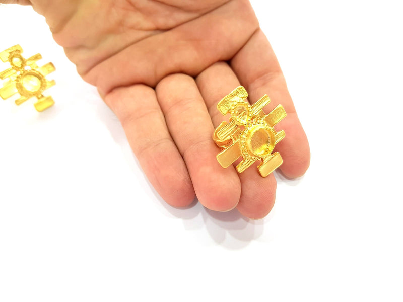 Gold Ring Blank Base Bezel Settings Cabochon Base Mountings Adjustable (10mm Blank) , Gold Plated Brass G8568