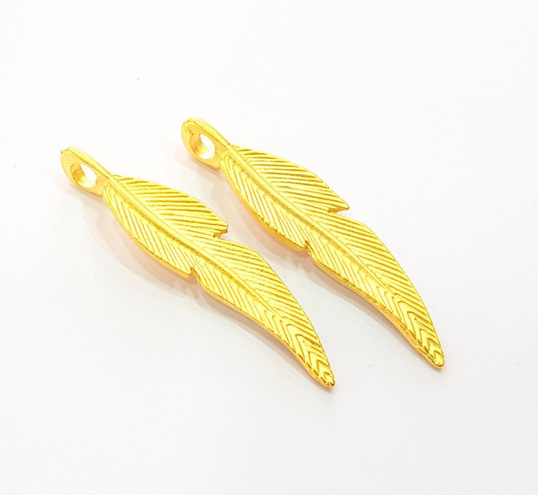 2 Gold Feather Charm Gold Plated Charms  (43x10mm)  G8574