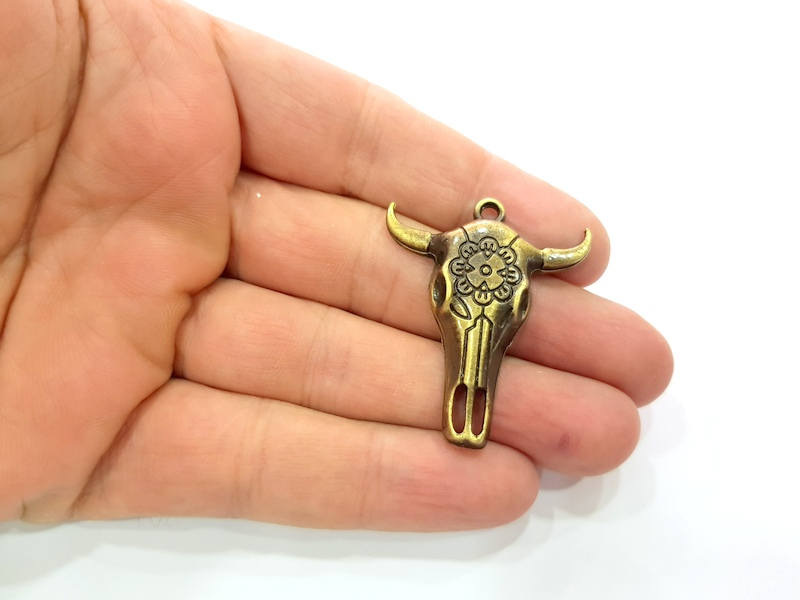 2 Ox Head Skull Pendant Antique Bronze Plated Pendant (41x35mm) G9341