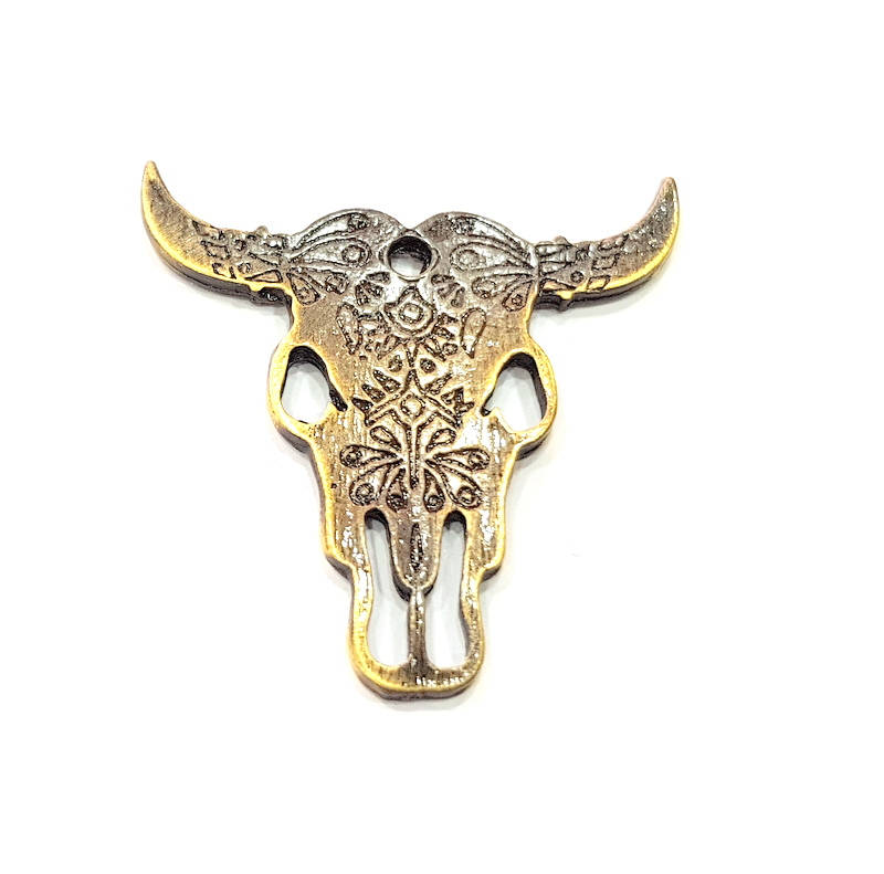 Ox Head Skull Pendant Antique Bronze Plated Pendant (47x47mm) G9346