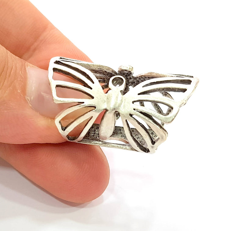 Silver Ring Blank Base Bezel Settings Cabochon Base Mountings Adjustable (2mm Blank) , Antique Silver Plated Brass G8603