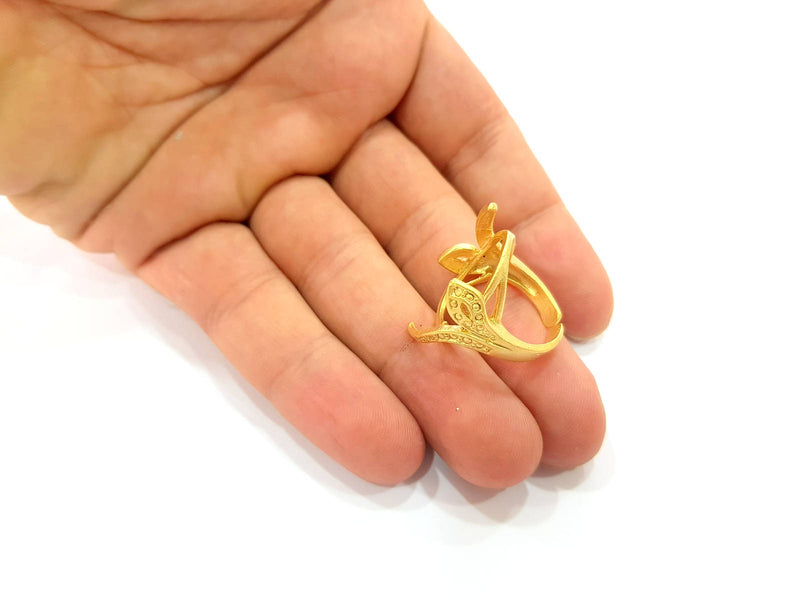 Gold Ring Blank Ring Settings Ring Bezel Base Cabochon Mountings Adjustable  (25x18mm blank ) Gold Plated Brass G8642