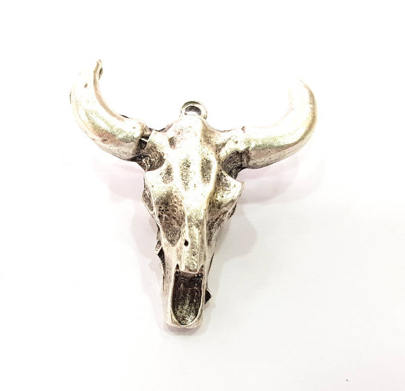 Ox Head Skull Pendant Silver Pendant Antique Silver Plated Pendant (44x42mm) G8651