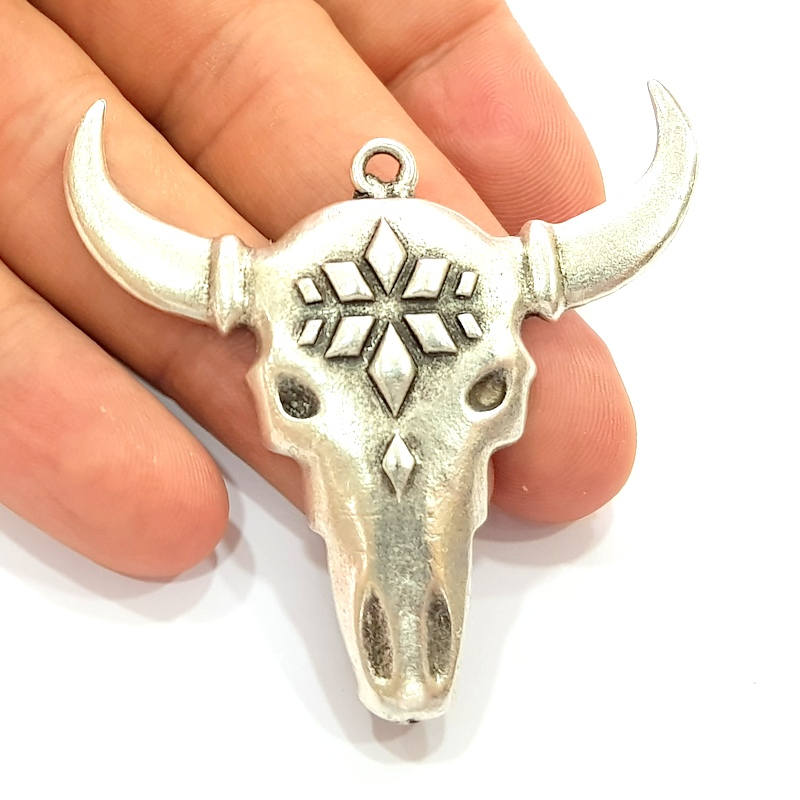 Ox Head Skull Pendant Silver Pendant Antique Silver Plated Pendant (52x50mm) G8652