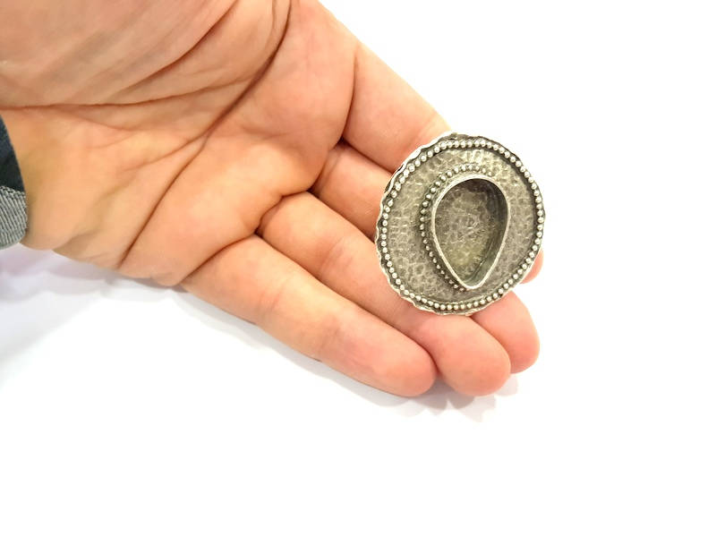 Silver Ring Blank Base Bezel Settings Cabochon Base Mountings Adjustable (25x18mm Blank) Antique Silver Plated Brass G8833