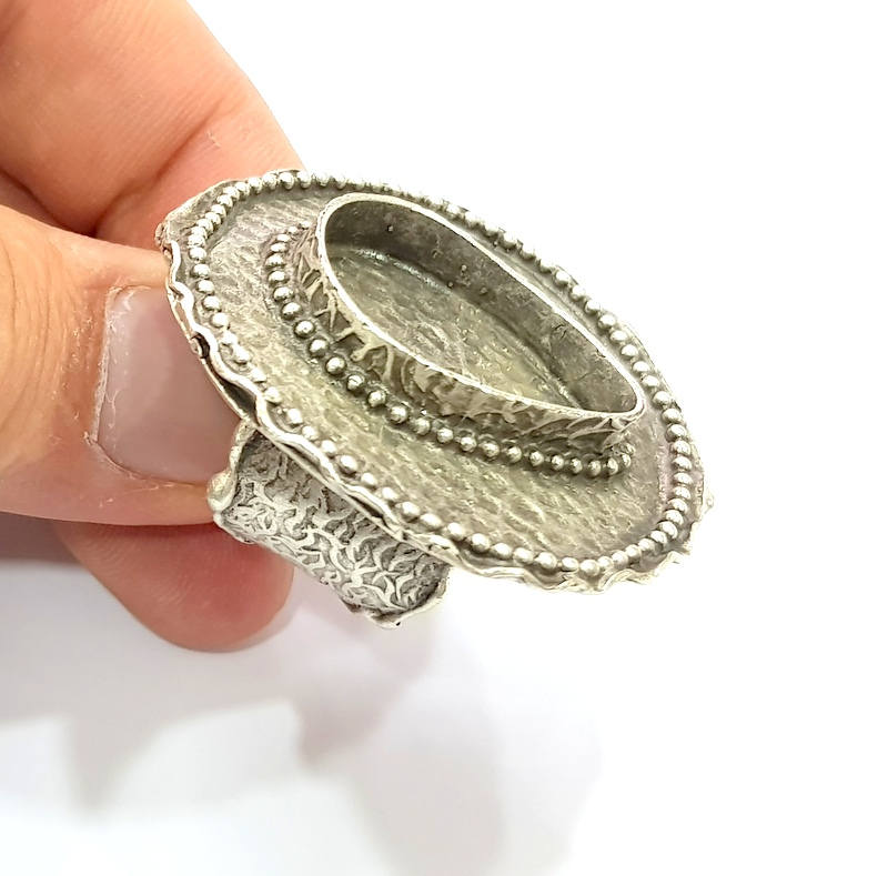 Silver Ring Blank Base Bezel Settings Cabochon Base Mountings Adjustable (25x18mm Blank) Antique Silver Plated Brass G8833