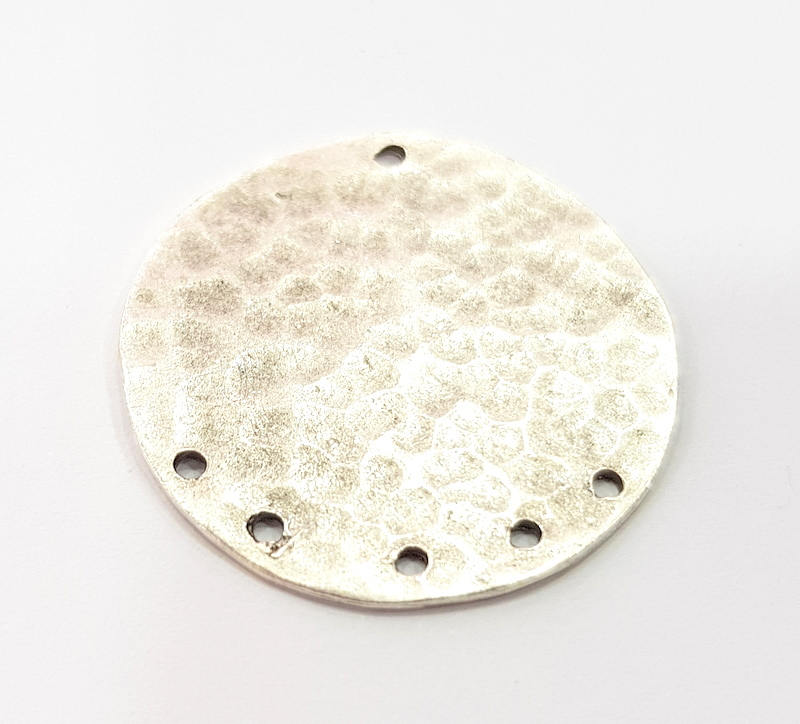 Silver Plated Connector Antique Silver Plated Brass Hammered Charms (30mm)  G8902