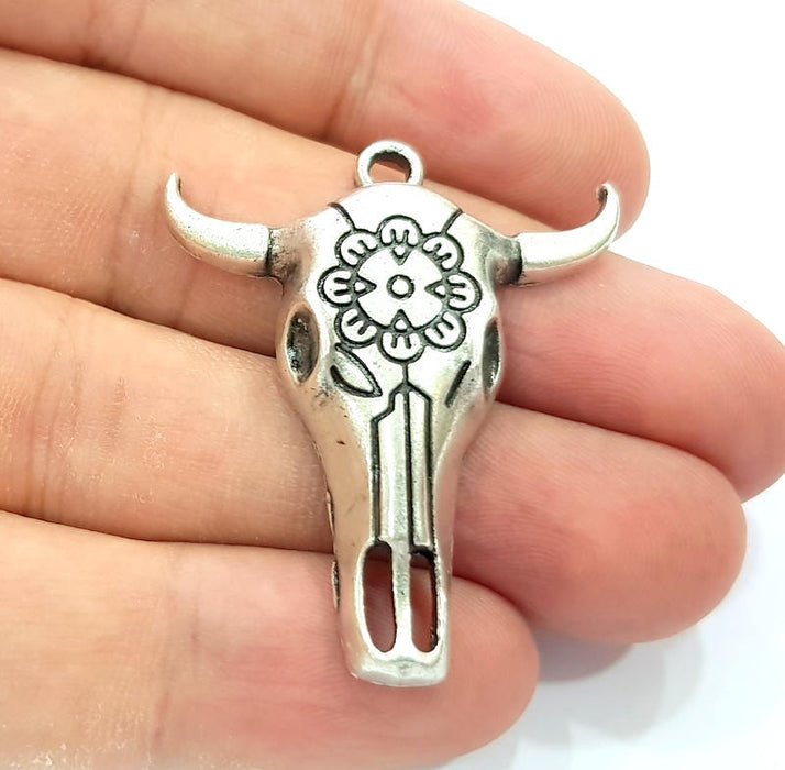 2 Ox Head Skull Pendant Silver Pendant Antique Silver Plated Pendant (42x35mm) G8918